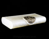 1950s White Lucite Handbag - Wilardy 50s Box Purse - Marbleized White Plastic & Romantic Metal Medallion - Rectangular 50's Clutch Hand Bag