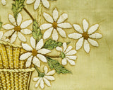 Antique Daisy Textile - Art Nouveau 1900s Edwardian Bride's Basket in Hand Embroidery - Garland Ribbon Bows - Neutral Ecru White Blue Green