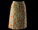 Size 4 Orange Floral 60s Office Skirt - Secretary Chic - Flocked Flowers - Beige Linen - Small 1960s Summer Tailored A-Line Style - Waist 25
