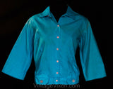 Size 12 1950s Turquoise Shirt - 50s Rockabilly Casual Blouse - Bright Blue Fine Cotton - 3/4 Sleeve Tailored Top with Tab Waist - Bust 40