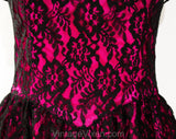 Size 2 Strapless Cocktail Dress - Gunne Sax Magenta Pink Satin & Black Lace Saloon Girl Style Gown - XS Boned Bodice Full Skirt - Bust 31.5