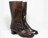 Size 5 Victorian Inspired Boots - Trompe L'Oeil Faux Buttons - Reptile Print Brown Rubber 60s Shoes - Fleecy Lining - Unworn NOS Deadstock