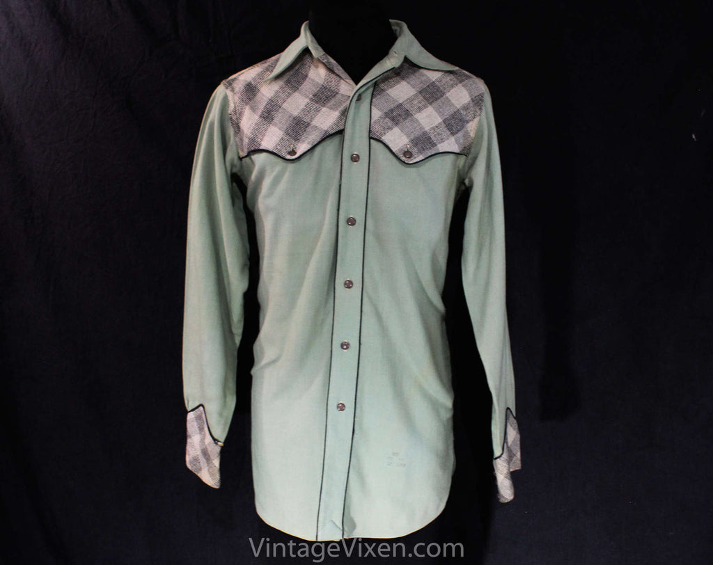 Men's Small 1930s 40s Western Shirt - Sage Green Gabardine & Gray Plaid Mens Top - 30s Autumn Rockabilly Cowboy - Long Sleeve - Chest 38