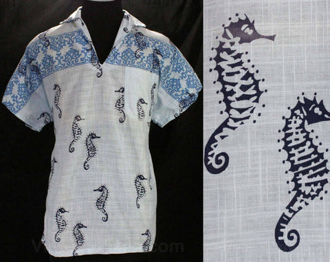 Small Men's 40s Seahorse Shirt - 1940s Novelty Print Sea Horse Cotton - Blue Tiki Aquatic Casual - Short Sleeve Beach Top - Chest 44 - NOS