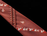 1940s Men's Tie - 30s 40s Novelty Barber Shop Print with Pleated Detail - Cocoa Brown Mint Green Red Crepe Mens Necktie - As Is Faded