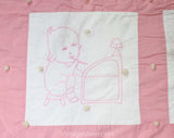 As Is Pink 1940s Childs Quilt - Hand-Sewn & Hand-Embroidered Baby Coverlet - Adorable Kewpie Embroidered Scenes - Large Size 33 x 43 Inches