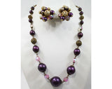 Antique Inspired Purple Necklace & Earrings - Baroque Style 1950s Gold Color Metal Filigree - Faceted Glass - 50s Bauble Clips - 42578