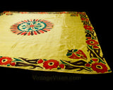 1960s Hand Painted Paisley Silk Scarf - Hippie 60s Medallion - Mustard Yellow - Red Orange - Brown - Emerald Green - Hand Rolled Hem - 49759