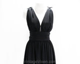 Size 8 Black Party Dress with Full Circle Skirt - Black Jersey Knit Cocktail by Designer Charles Glueck - Plunge Neck Evening Glam - Bust 38