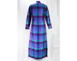 Size 10 Silk Dress - 1960s Purple & Turquoise Blue Checked Thai Silk - 60s Long Sleeved Modest Tunic Sheath - Made in India - Bust 36