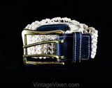 1960s Mod Navy Belt with Solid Brass Buckle - Medium Large - Dark Blue Leather & Cotton Rope - 60s 70s Boho Rock Star Style - Waist to 32