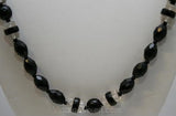 Gorgeous Black Cut Glass Necklace & Earrings with Crystal Details - 1930s Depression Era - Button Style Earrings - Beaded Necklace - 32952