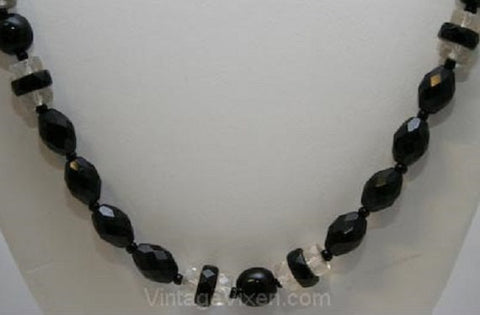 Gorgeous Black Cut Glass Necklace & Earrings with Crystal Details - 1930s Depression Era - Button Style Earrings - Beaded Necklace - 32952