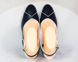 Size 8 Navy Blue Shoes - Never Worn 1980s Career Woman Heels - Late 70s Early 80s Slingback - White Chevron Toe - Hush Puppies NOS Deadstock