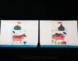 1960s Novelty Hand Towels - County Fair Farm Animal Appliques - Pair Decorative Kitsch Linens - Pink Blue Cow & Pig - 60s Kitchen Decor