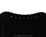Size 6 Black 1950s Dress - Small 50s Fitted Crepe Classic - Braided Scoop Neckline & Bow Accent - Beautiful Elegant Mid Century - Waist 26.5