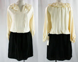 Size 12 Satin Black & White Two-Piece Dress - Poet Blouse with Mini Skirt - 80s Disco Glam - Blousy - Dramatic - Waist 24 to 30 - 42970