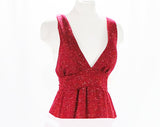 Size 8 Tweed Bodice with Plunge V Neck - 1970s Maroon Flecked Sleeveless Top - Sexy 70s Racer Back Blouse - Fall Winter Weskit - California