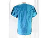 Size 14 Silk Shirt - 80s Designer Short Sleeve Teal Blue Top - Sharkskin Shantung Blouse - 1980s Dan DeSantis Deadstock - Bust 44 - 48373