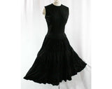 Size 8 1950s Dress - Victorian-esque 50s Black Sun Dress - Fitted Bodice - Tiered Full Skirt - Black Cotton - Summer - Waist 26.5 - 42945