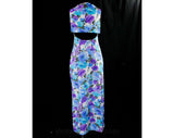 Size 8 Sailor Collar Sun Dress - Beachy Blue & Purple 1970s Sun Dress - Sleeveless 60s 70s Summer Resort Chic - Maxi Length - Bust 35.5