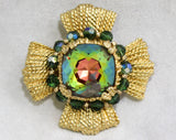 Striking Maltese Cross Pendant Necklace - Rainbow Watermelon Faceted Glass Stone - 1970s Napier - Bold Collectable Converts to Brooch Pin