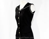 Size 8 50s Summer House Dress - 1950s Black Cotton Button-Front - Girl Next Door Tailoring with White Piping - Waist 26 - NWT Deadstock
