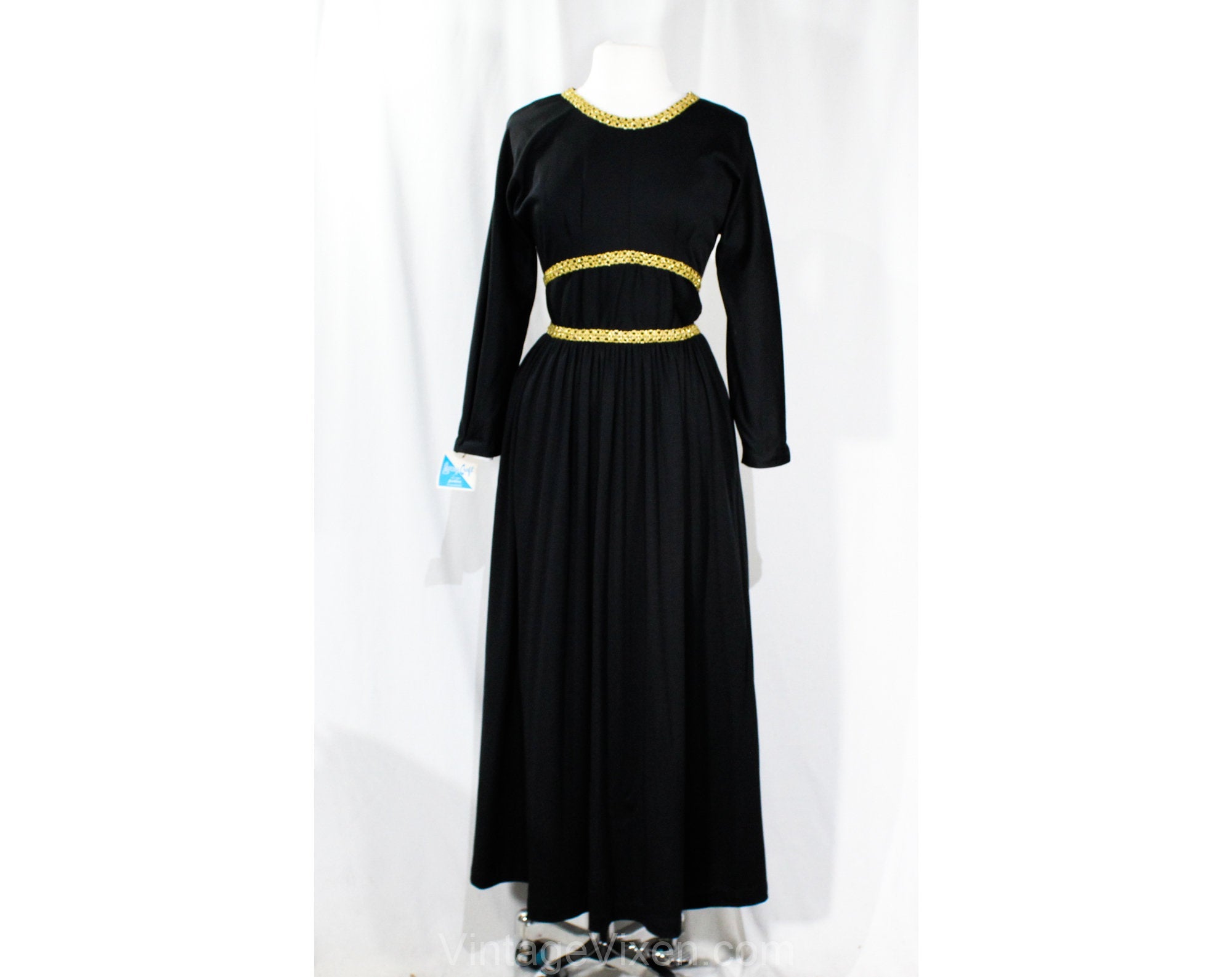 Size 8 Black Evening Dress with Gold Braid - Gypsy Goddess 60s 70s Ank Vintage Vixen Clothing Size 8 Black Evening Dress with Gold Braid - Gypsy Goddess 60s 70s Ank Vintage Vixen Clothing
