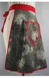 1940s Pastel & Gray Dandelion Print Apron - Large XL Half Apron - Size 12 to 18 - Red Trim - Flowers - Handmade - Waist 30 to 38 - 30459-1
