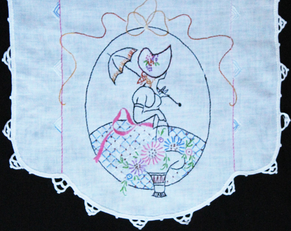 1940s Table Runner - Sweet Bonnet Girl with Umbrella & Bride's Basket - Quaint Hand Embroidery - Girlish 40s Embroidered Dresser Runner