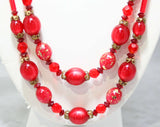 Cranberry Red 1950s Double Strand Necklace - 50s 60s - Freckled Goldtone Details - Filigree Caps - Office Jewelry - Secretary Style