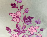 1960s Kitchen Curtain Fabric - Pink & Purple Leaves - 2 Yards x 44.5" Wide - 60s Sheer White Nylon 1960s Housewife Yardage - Scallop Border