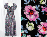 Size 8 1990's Dress - Romantic 1940s Style Floral Full Skirted Dress with Black Rose Buttons - Lavender Turquoise Chartreuse - Waist to 28