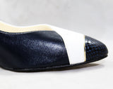 Size 10 Unworn Navy & White Leather Pumps - 1980s Dark Blue Faux Snakeskin Shoes - 1950s Inspired Two Tone Heels - 10M 80s NOS Deadstock