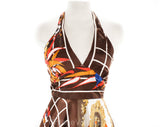 Size 6 1970s Hippie Dress - Gorgeous Scarf Novelty Print - 70s Boho Halter Summer Sun Dress - Brown & Orange - British Label - Bust 32 to 34