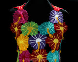 Size 8 Hibiscus Summer Top - 1990s Designer Label - Tropical Red Turquoise Purple Pink Yellow Crochet Appliques - 90s See Through - Bust 36