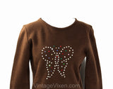 Size 12 Child's Hippie Shirt - Rhinestone Butterfly 1960s 70s Top - Long Sleeved Brown Knit Casual Sweater - 1970s Girl's Boho - Chest 29.5