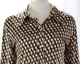 FINAL SALE Size 14 Shirt - Little Running People 70s Blouse - Large Long Sleeved Casual 1970s Top - Abstract Novelty Print - Bust 42