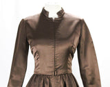 Size 8 Designer Cocktail Dress - 1970s Mod Chocolate Brown Satin with Couture Finishing - Zip Front - Larry Aldrich - Waist 27