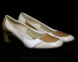Size 6 Mod 1960s Patchwork Leather Pumps - C Wide Width Shoe - Neutral Hues - Beige & Tan Stitched Patches - Secretary Style - 60s Deadstock
