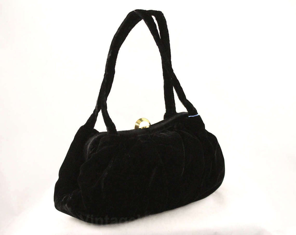 1940s Black Velvet Handbag - Formal Purse - 40's 50's Accessories