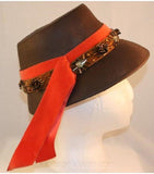 60s Style Cocoa Straw Hat with Pumpkin Velvet & Beadwork - Sophisticated - Orange and Brown Fall Hat with Starbursts - Close Fit - 32353-1