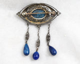 Antique Style Brooch with Lapis Lazuli Blue Glass Stones - Boho Victorian Inspired Pin - 1970s Antique Revival Jewelry - Dangling Teardrops