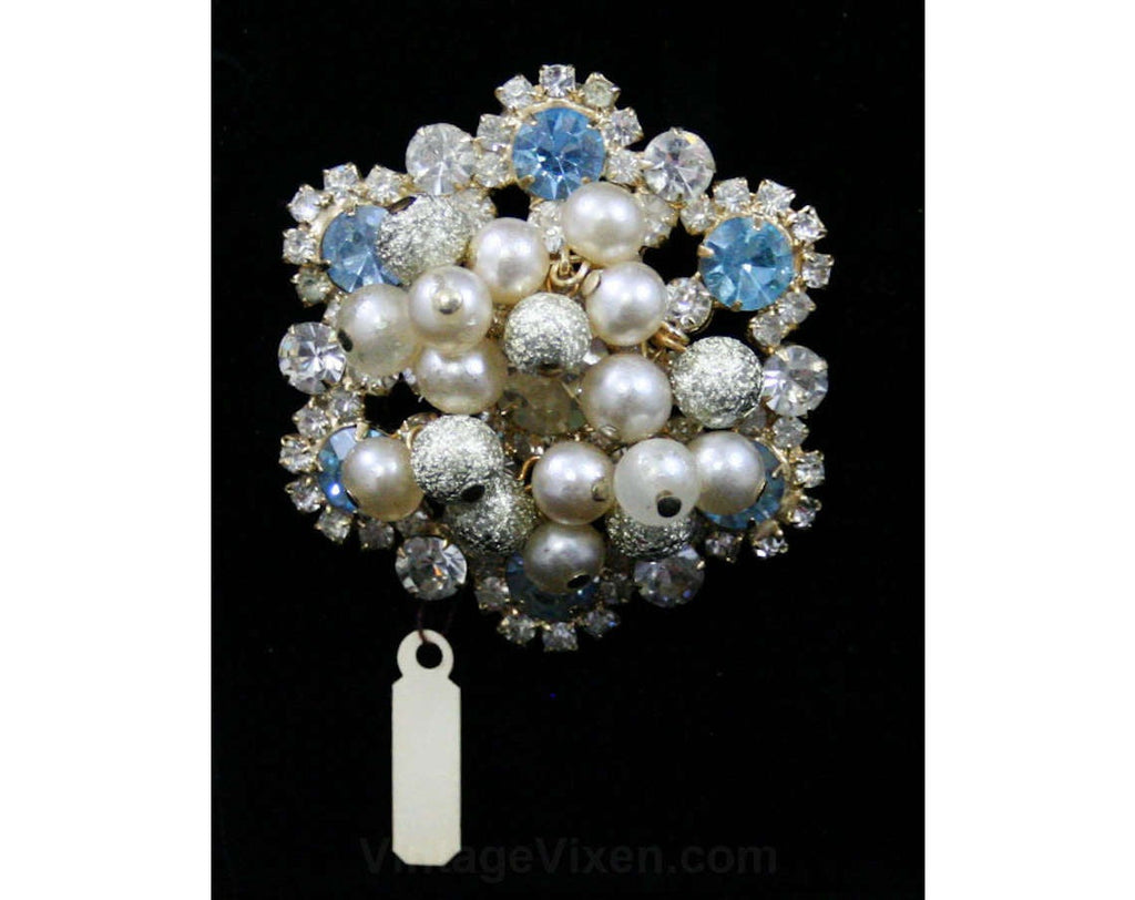 1950s Juliana Brooch - Cinderella Blue - Crystal Clear Rhinestones - Bauble Beads - 50s 60s Delizza & Elster - NOS Jewelry Deadstock - 42517