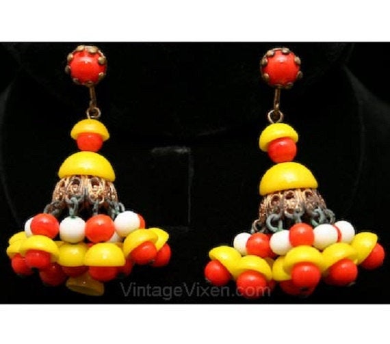 Exotic Earrings - 1930s Inspired Orange & Yellow Molded Glass Dangly Earrings - Summer 1960s Gypsy Style Jewelry - Colorful - Boho - 32920-1