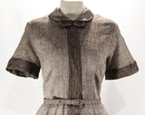 Size 8 1950s Secretary Dress - Short Sleeved 50s Brown Fleck Cottony Fitted Sheath - Peter Pan Collar & Bow - Original Belt - Waist 29.5