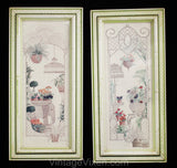 Pair Framed Pictures- - Wicker Garden Parlor Room Scenes - Botanical Palm Tree - Cat & Elephant Planter - Fern Foliage - White Green Beige
