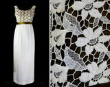 Size 6 Evening Dress - 1960s Empire Waist Formal Gown - Elegant 60s White Lace Chiffon & Brown Satin Sleeveless Evening Gown - Bust 33.5