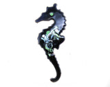 1950s Seahorse Pin - Black Enamel Sea Horse Brooch with Blue Mint Green & White Swirls - Atomic Era 50's Beachy Sea Life Fish - Copper Back