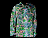 Small 1970s Sheer Shirt - Pointillist Artsy Novelty Print Scenes - Pink Blue Green - 70s Cotton Gauze Long Sleeve Top - Deadstock - Bust 34